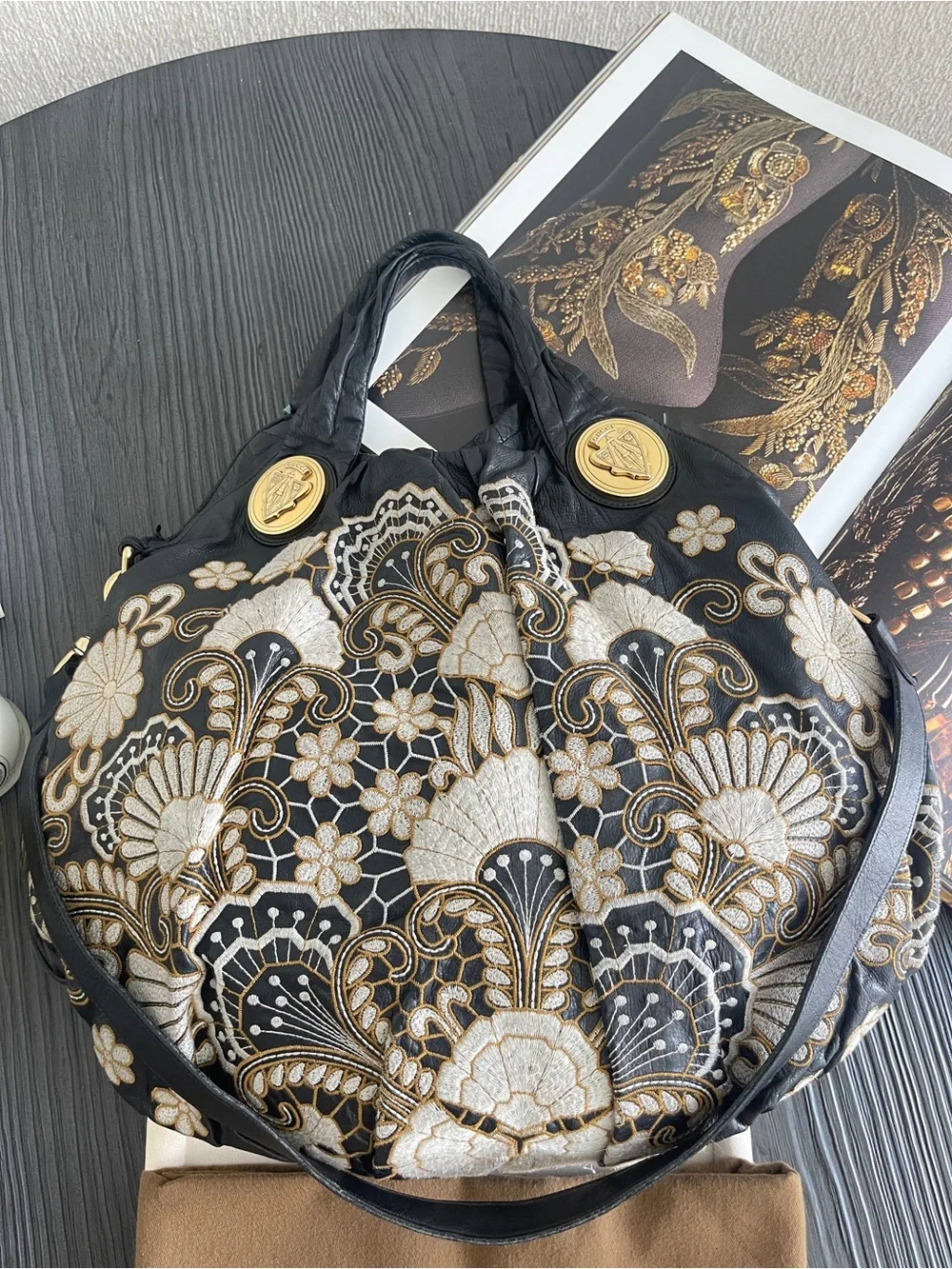 Gucci Hysteria Large Hobo Bag Black Leather Floral Embroidered Vintage $4500